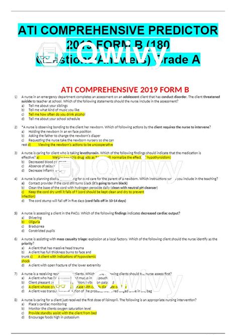 Ati comprehensive predictor 2019 proctored exam - 180 questions - 180 terms. kaya_peavy. Preview. Knee conditions. 18 terms. charliepersad. Preview. Week 7 Elbow Assessment Sept 27/23. 14 terms. SirryEG. Preview. ATI Comprehensive Predictor. Teacher 244 terms. nelsonmuriithi786. Preview. FOCUS REVIEW 2019 ATI COMPREHENSIVE EXIT EXAM 2ND ATTEMPT. 71 terms. iEmilySoRandom. Preview. …